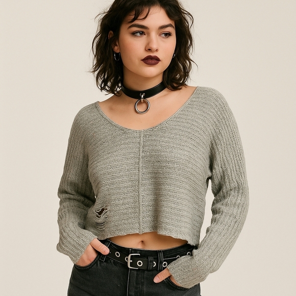 Wildfox Distressed Knit Sweater XS Gray Long Sleeve - Picture 1 of 5